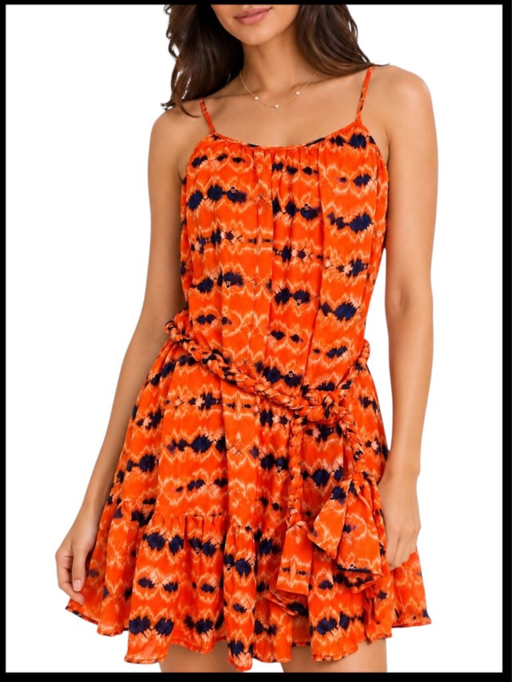 WAYF Dolly Cami Mini Dress Orange Navy Belted Swing XS